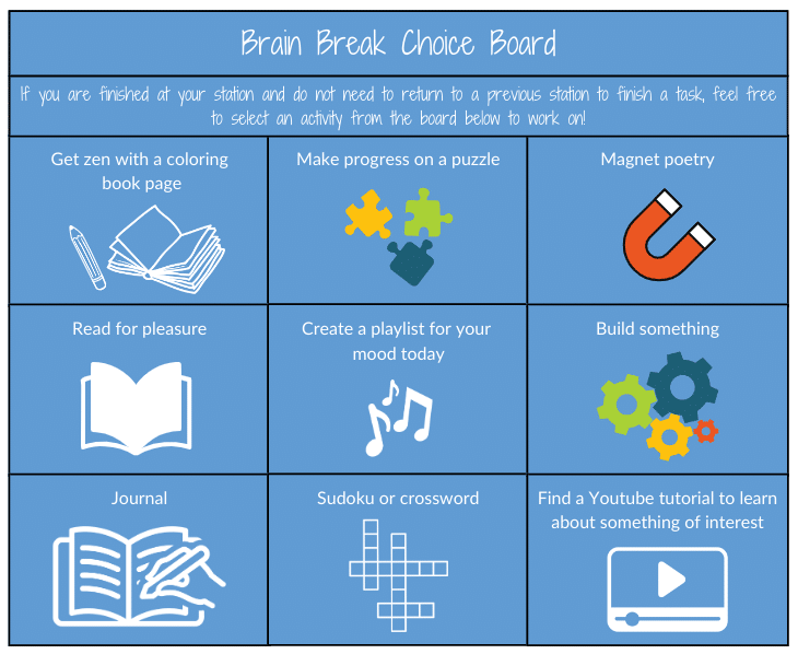 monthly homework choice board